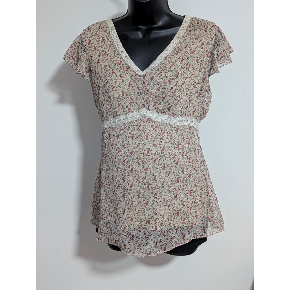 Motherhood Maternity Floral Cottagecore V Neck Top Sheer Overlay Blouse Medium